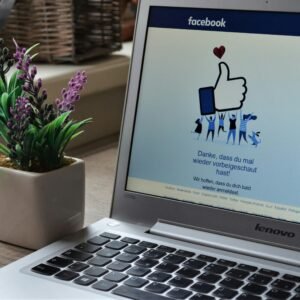 A Lenovo laptop displaying Facebook login beside a lavender plant indoors.